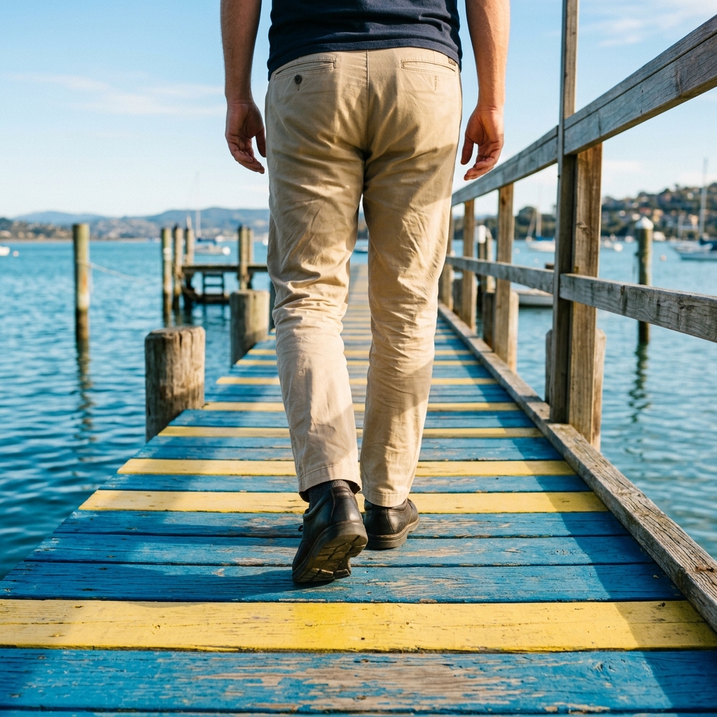 Person walking on a dock near water